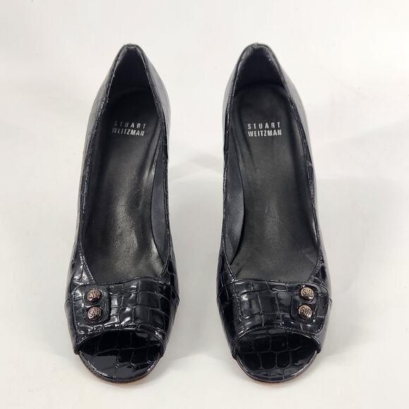 Stuart Weitzman Peep Toe Pumps Size 6,5M Womens Black Patent Leather Croc Heels - Picture 2 of 9